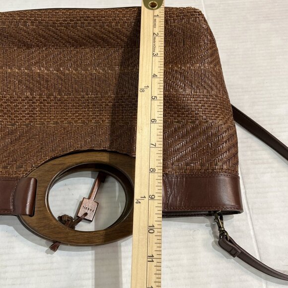 Vintage Fossil Shoulder Bag Wood Handle Rattan Brown Woven Wicker Dbl Handle - Picture 10 of 13